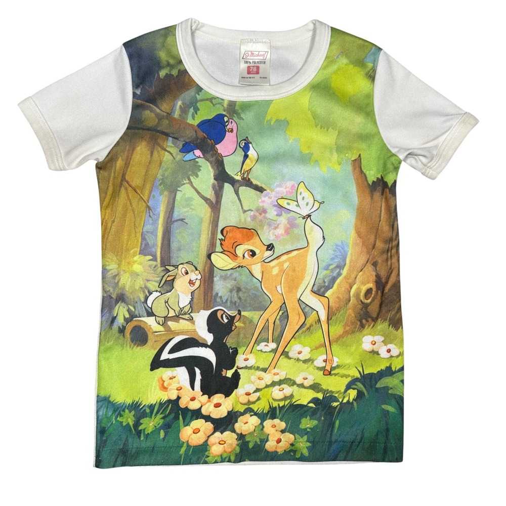 Rare VTG 70s St Michael Disney Bambi AOP T-Shirt Kids Size 7-8 White Graphic Tee